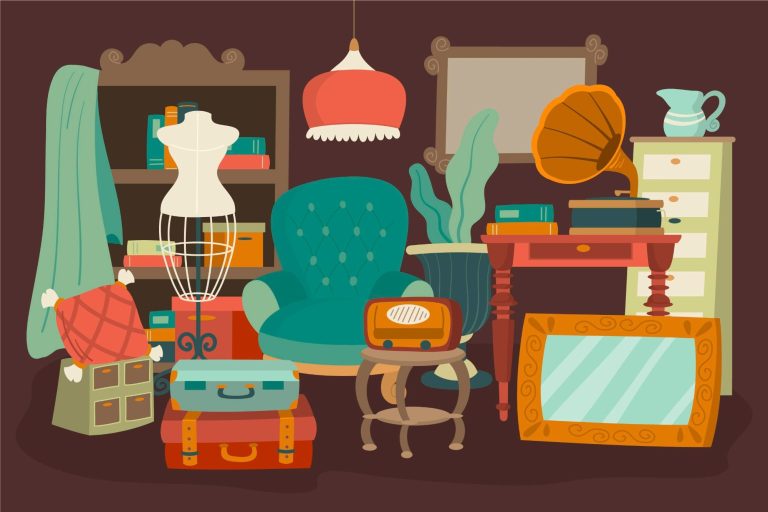 Objet décoratif vintage comprenant un fauteuil, des valises, et des meubles variés.